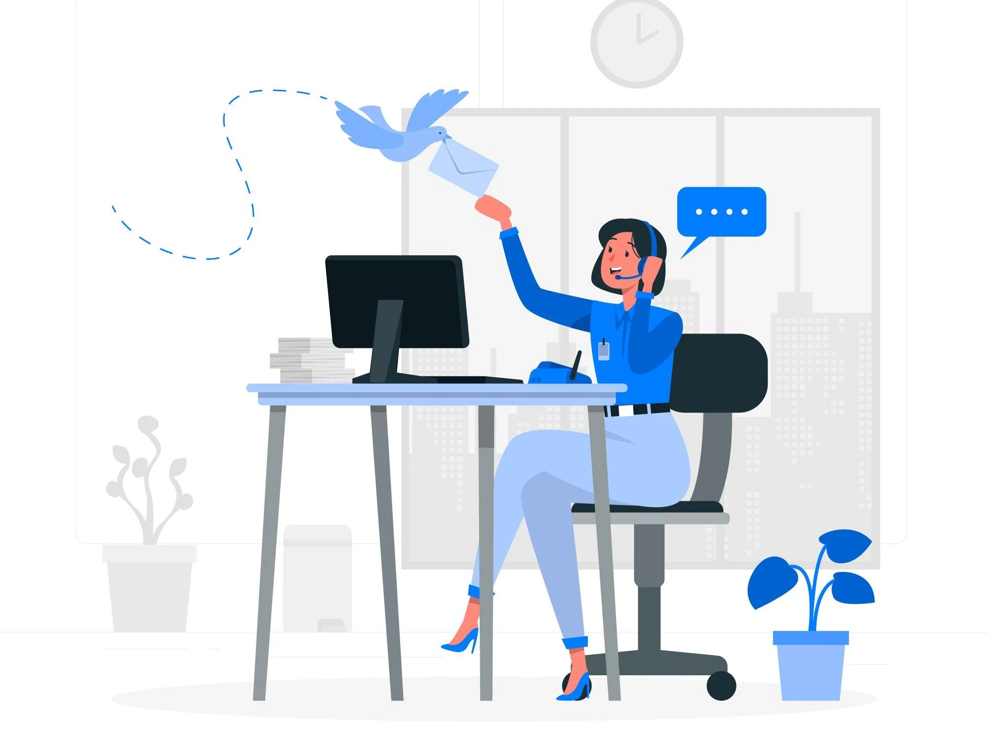 Illustration of a woman at a desk sending a message with a pigeon, symbolizing getting in touch via call or message