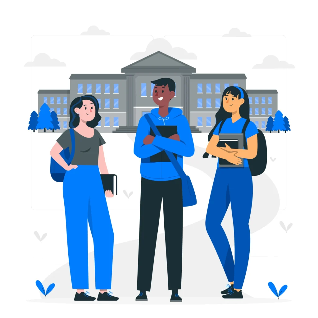 Illustration of college students chatting outside campus, representing student engagement and campus placement opportunities