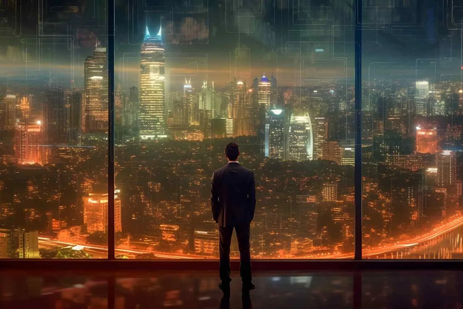 Illustration of a person observing a fast-moving cityscape, symbolizing speed, technology, and efficient hiring solutions